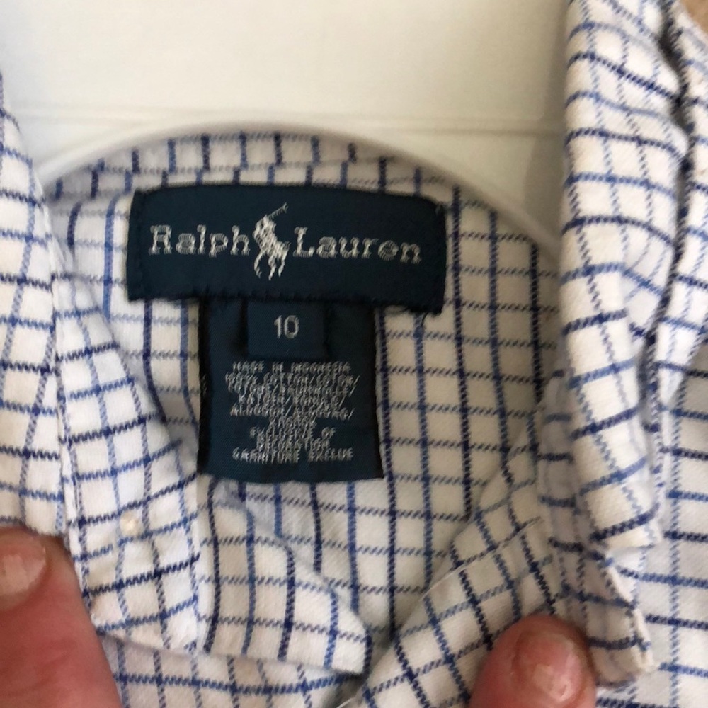 Size 10/12 L/S boys polo, navy blue pinstripe-good